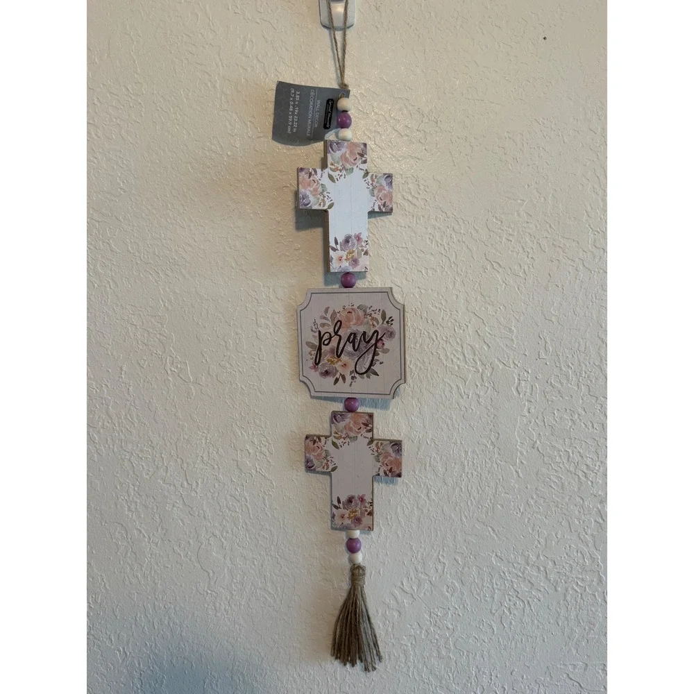 Special Moments Floral Pray Cross Wall Decor Lavender Pink Wood Bead Tassel 23in